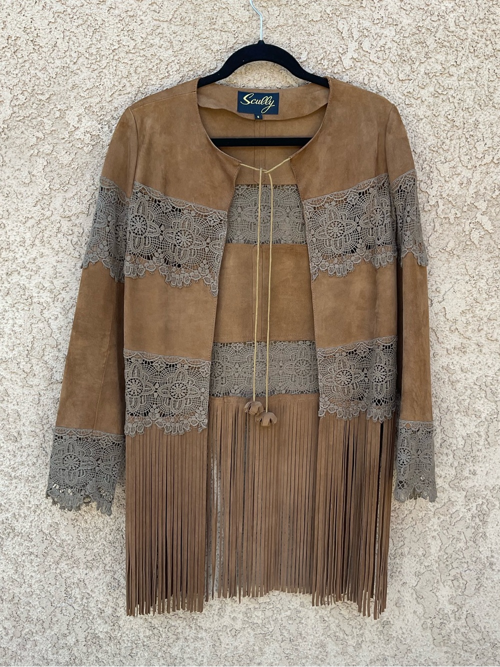 Women's Scully Brown Suede Leather Lace Long Vest Fringe Small Western Bohemian